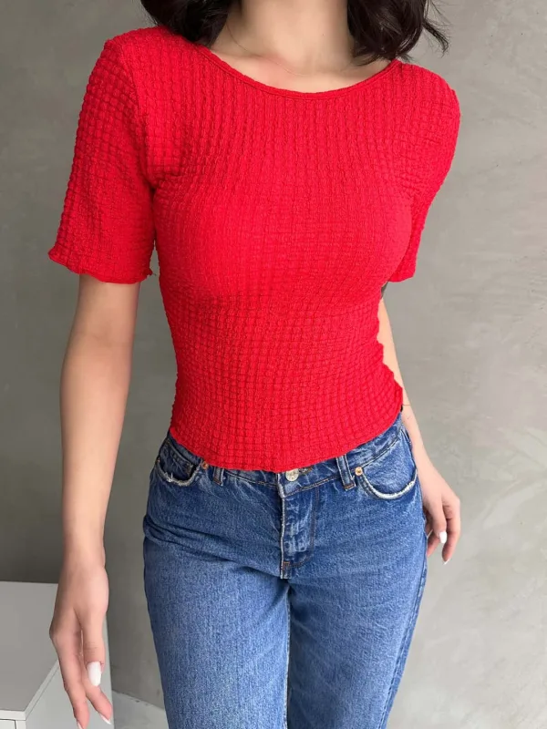 Backless Basic Waffle Blouse Red 3