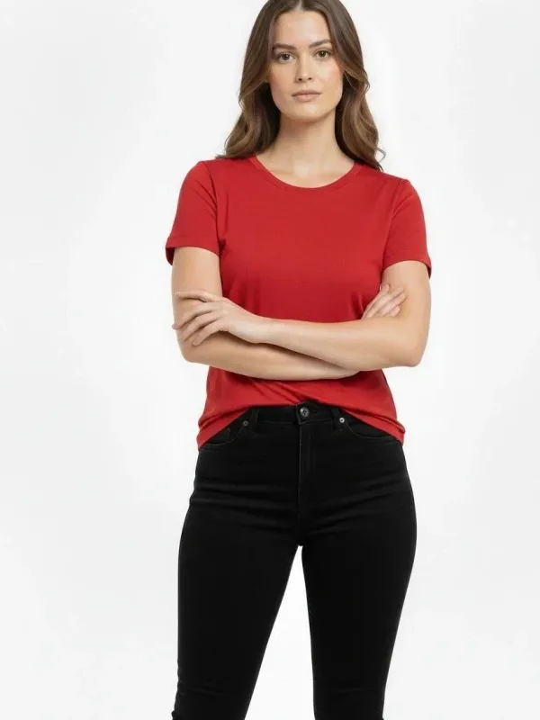 Femeie Tricou Roșu Slim Fit cu Guler Bicicletă, Elastan 1
