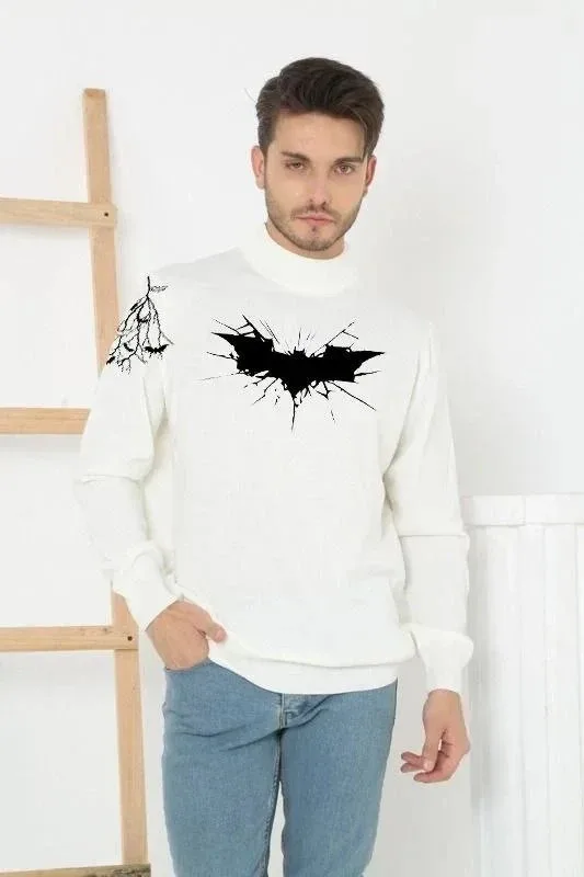 Men's White Half High Printed Woven Knit Sweater