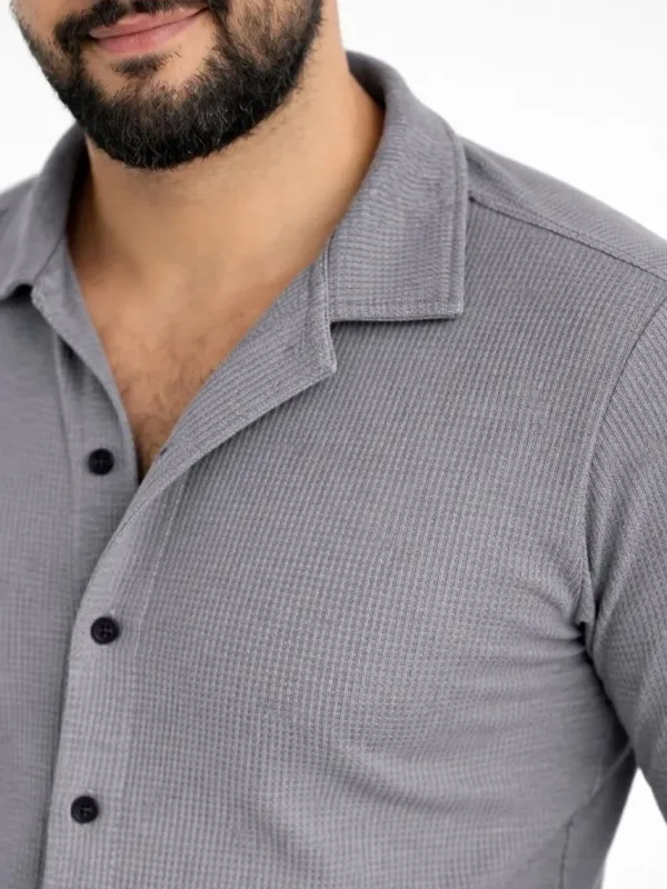 Men's Smoke Regular Waffle Fabric Long Sleeve Buttoned Shirt 2