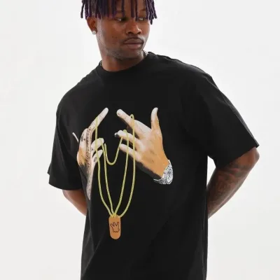 Tîşorta Mêr Reş Oversize Bi Stûyê Bisîklet Çapkirî 5
