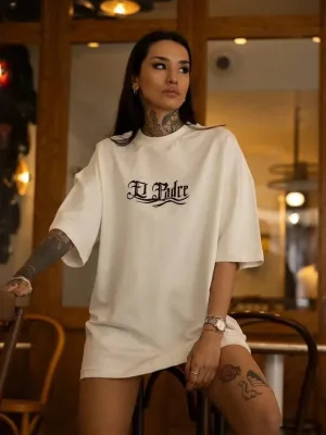 Women's White Oversize Crew Neck Printed Short Sleeve T-Shirt