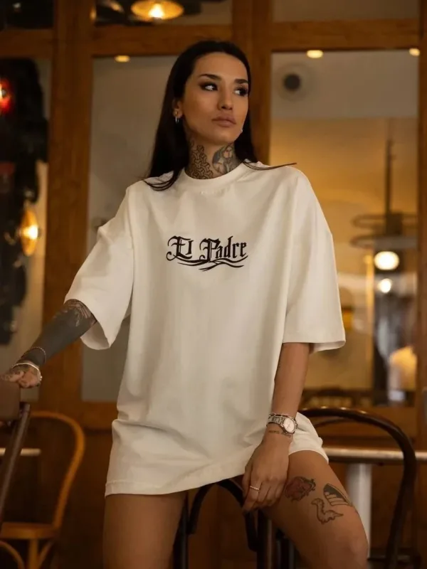 Damski Biały Oversize Rowerowy Kołnierz Nadrukowany Krótki Rękaw T-shirt 1