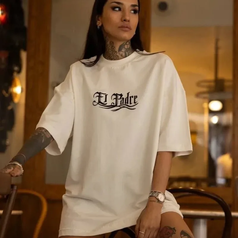 Damski Biały Oversize Rowerowy Kołnierz Nadrukowany Krótki Rękaw T-shirt