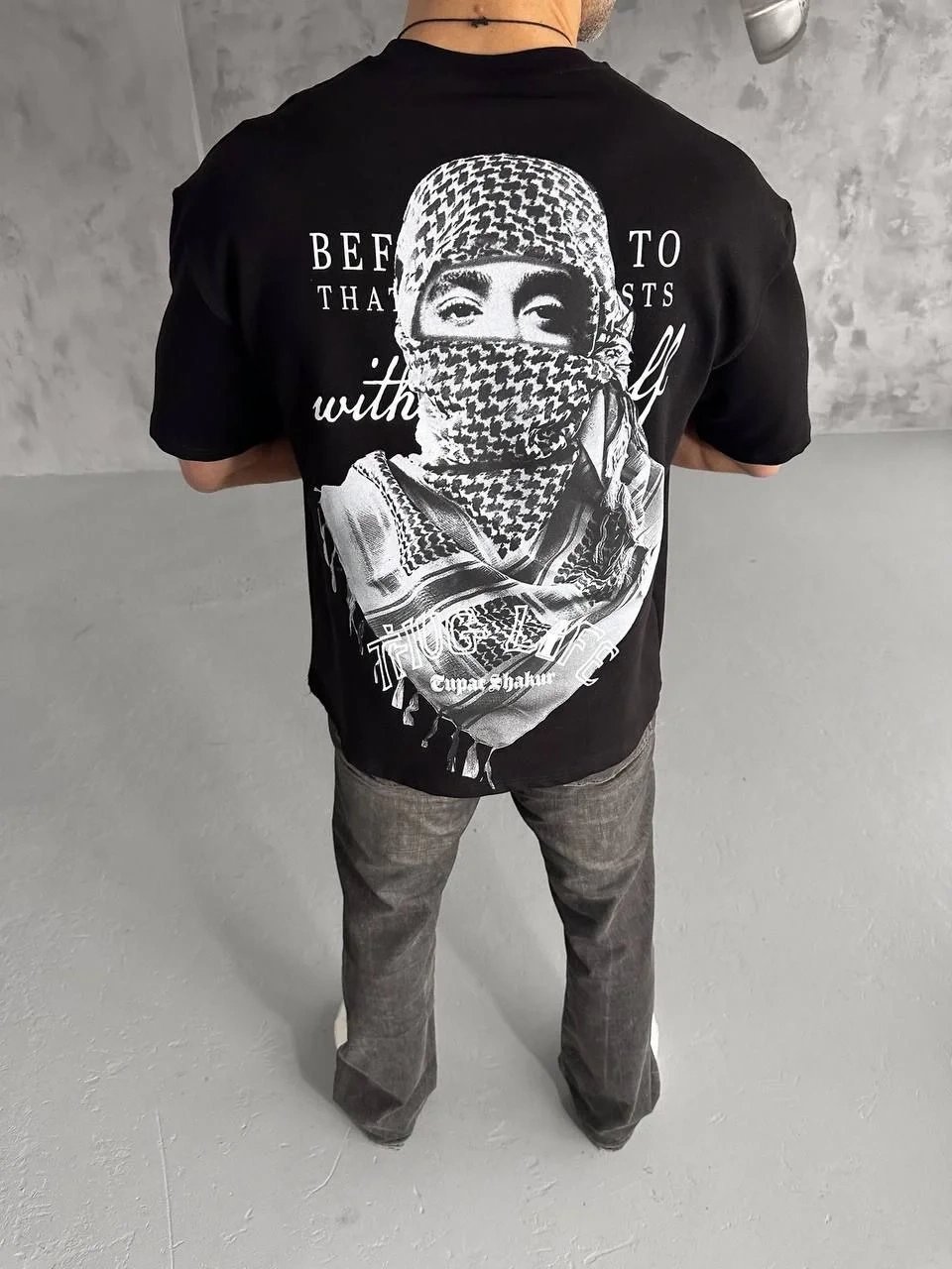Bărbat Negru Tricou cu Guler Bicicletă Imprimat cu Eșarfă Palestiniană 4