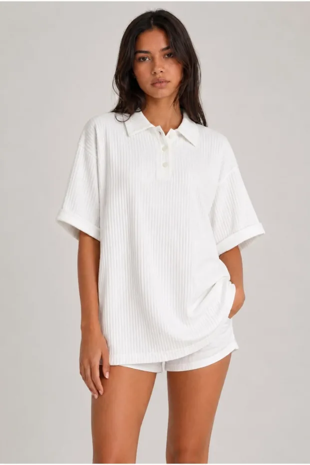 Unisex Siyah Oversize Polo Yaka Jakarlı Pamuk Tişört 2