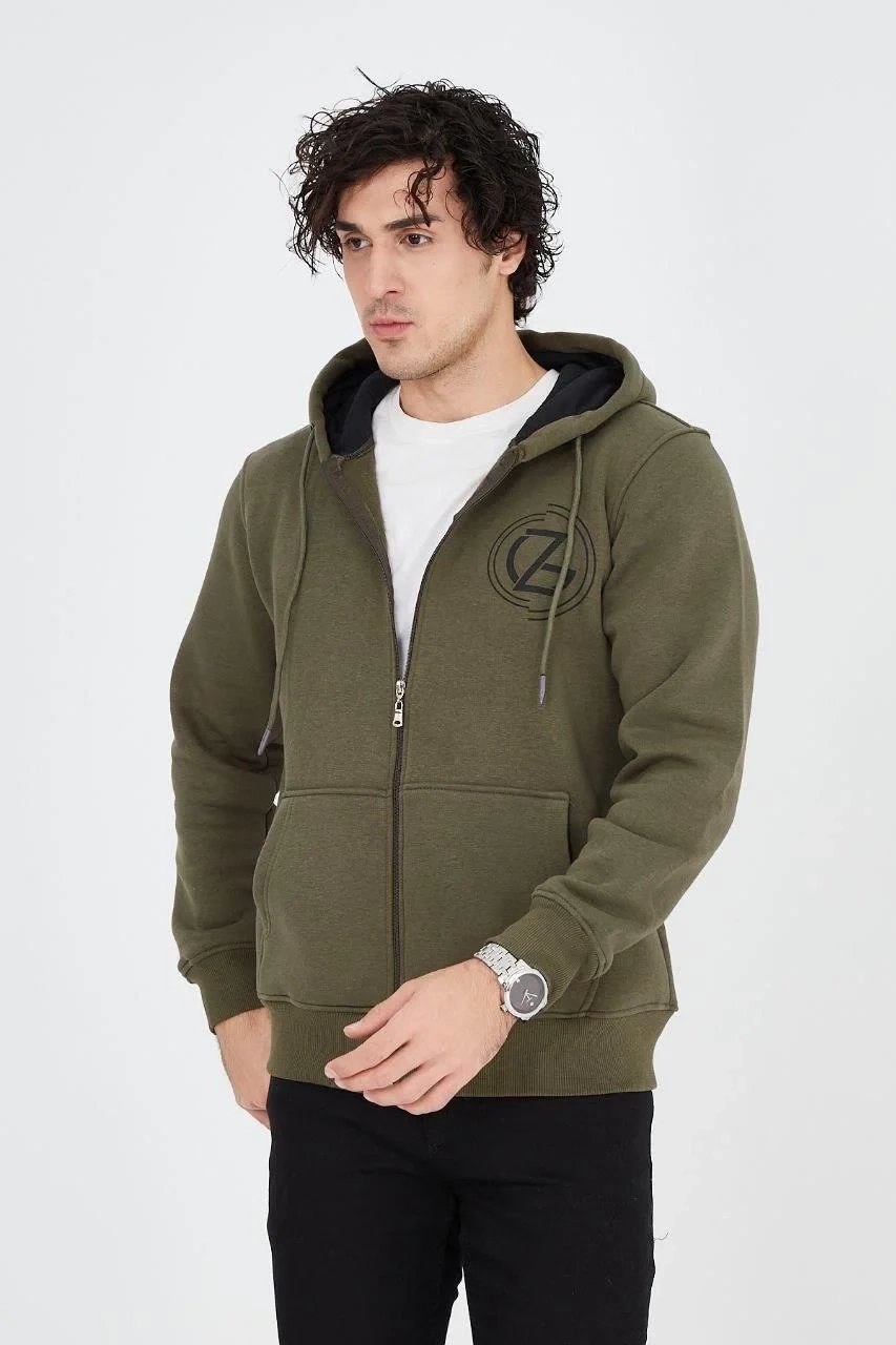 Men's Green 3-Thread Cotton Zippered Hooded Printed Hoodie 6