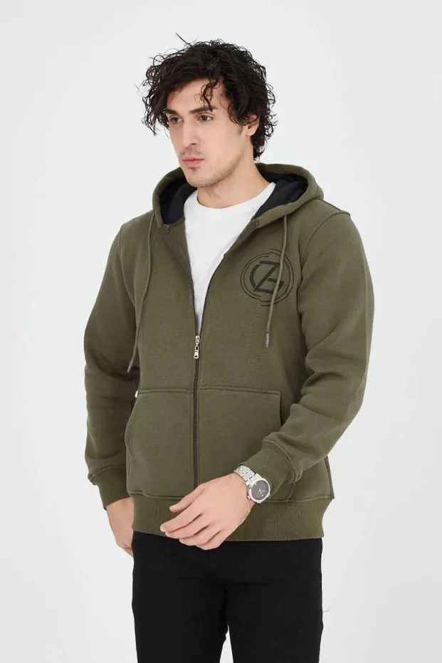 Erkek Yeşil 3 İplik Pamuklu Fermuarlı Kapüşonlu Baskılı Hoodie 6