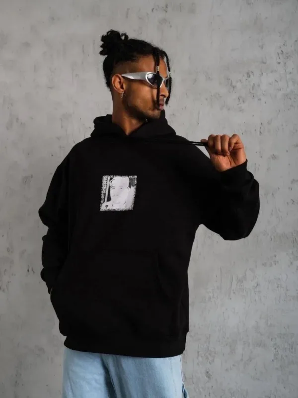 Muški crni oversize 3-niti pamučni s kapuljačom tiskani sweatshirt 1