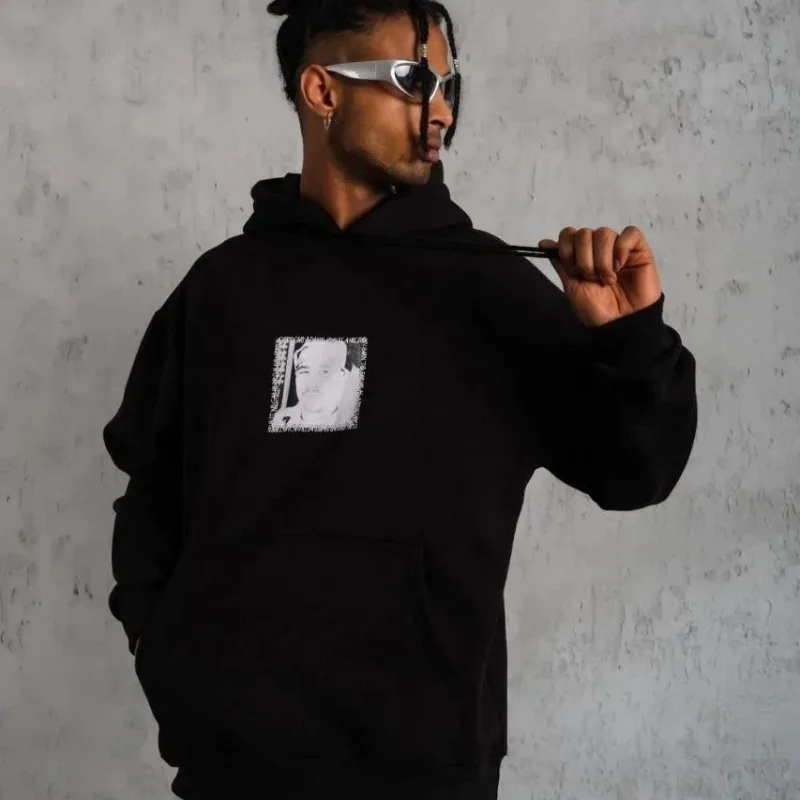 Muški crni oversize 3-niti pamučni s kapuljačom tiskani sweatshirt