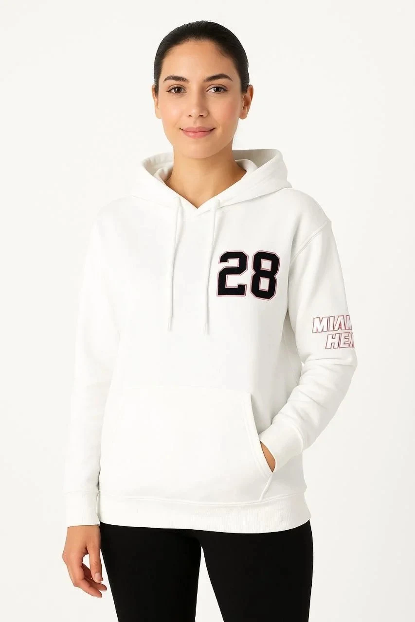 Jin Spî 3 Têl Pembû Kapşonlu Çapkirî Kanguru Bêrîk Sweatshirt
