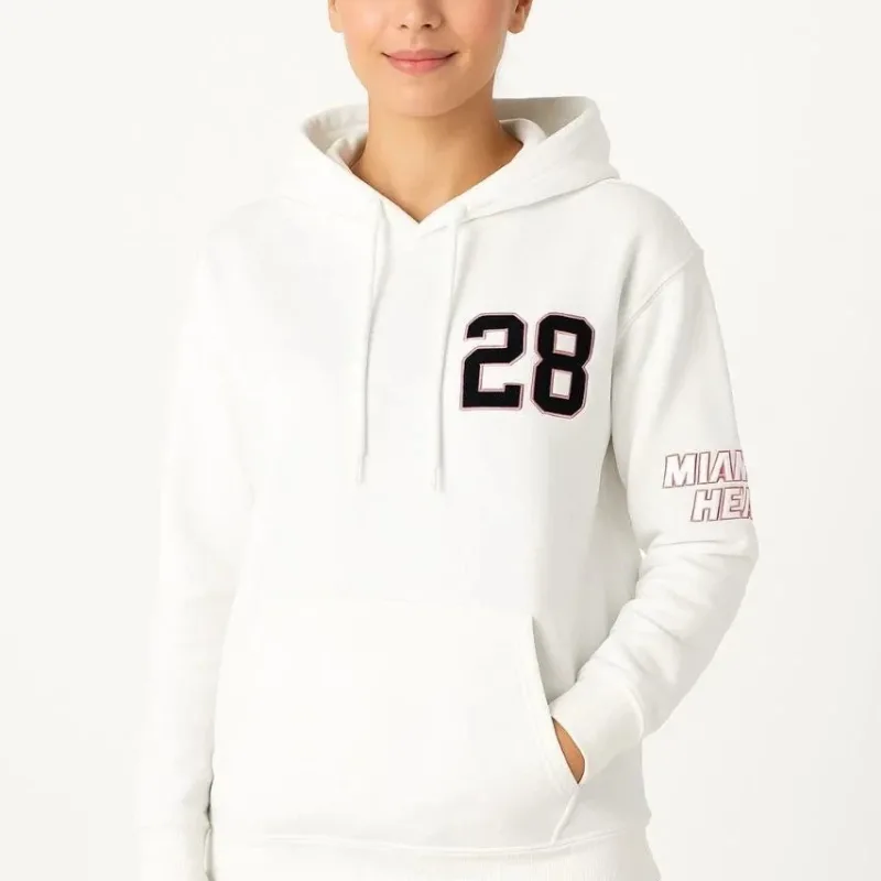 Women's White 3-Thread Cotton Hooded Printed Kangaroo Pocket Sweatshirt