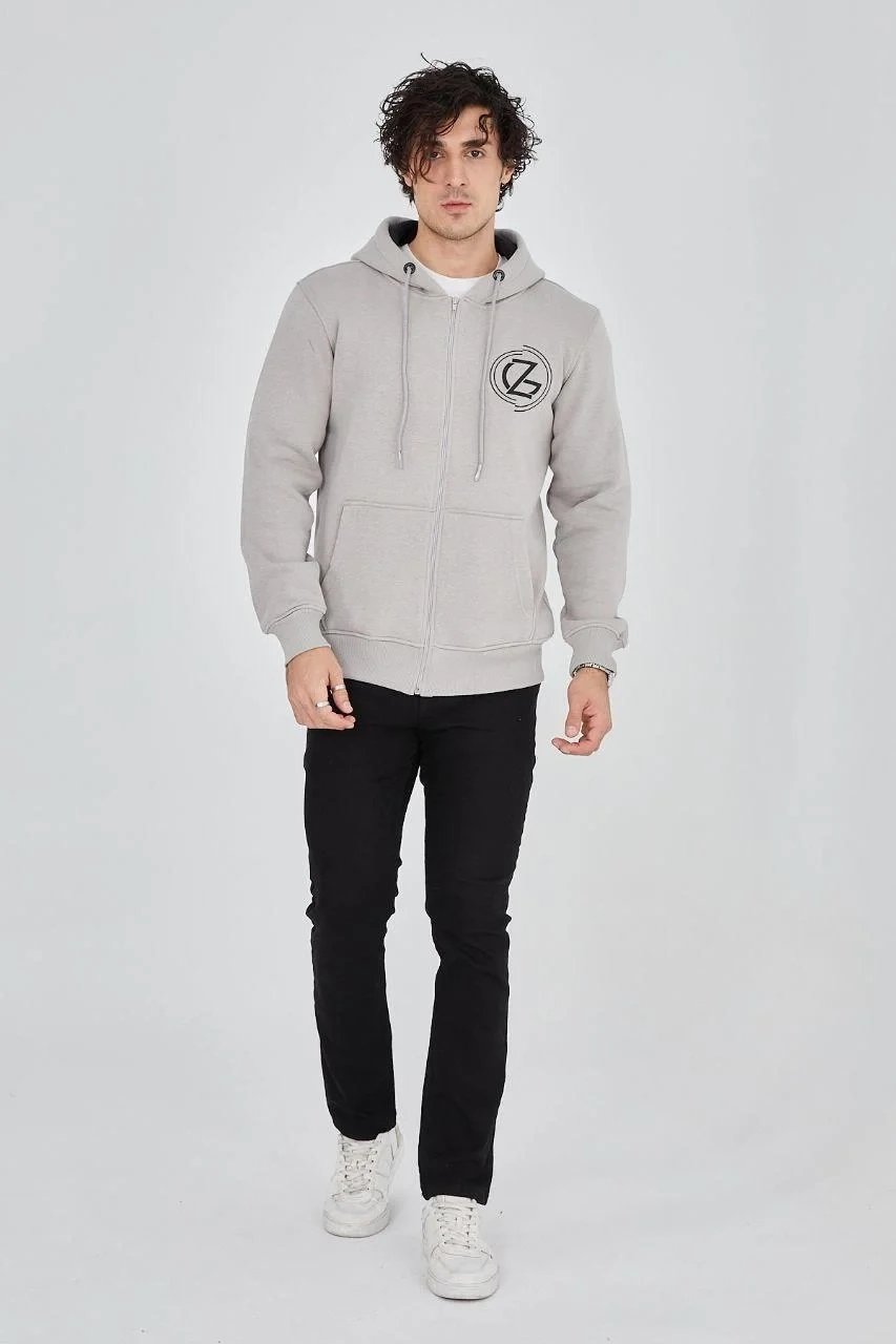 Erkek Boyalı Gri 3 İplik Pamuklu Fermuarlı Kapüşonlu Baskılı Hoodie