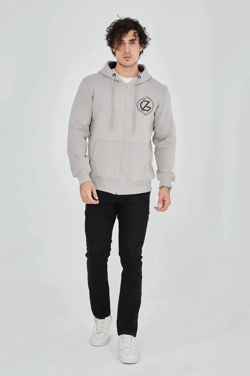 Erkek Boyalı Gri 3 İplik Pamuklu Fermuarlı Kapüşonlu Baskılı Hoodie