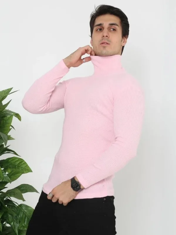 Erkek Toz Pembe Slim Fit Likralı Boğazlı Fitilli Body