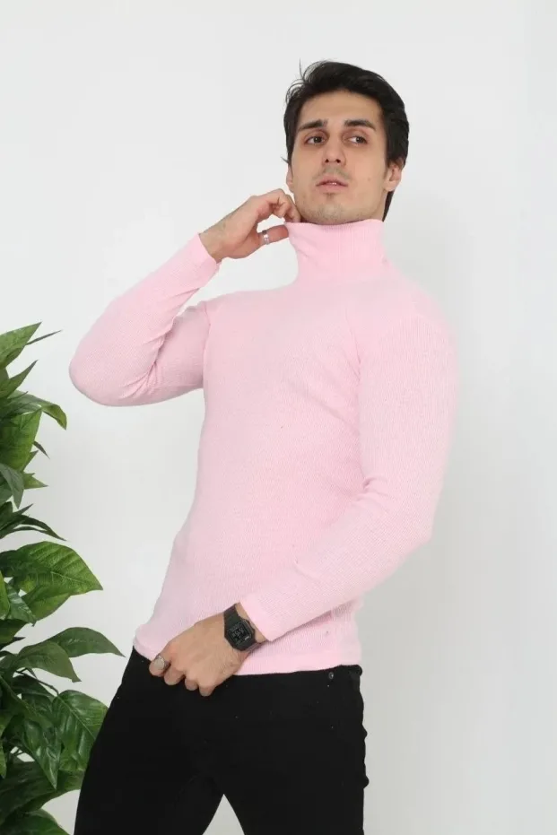 Erkek Toz Pembe Slim Fit Likralı Boğazlı Fitilli Body 1
