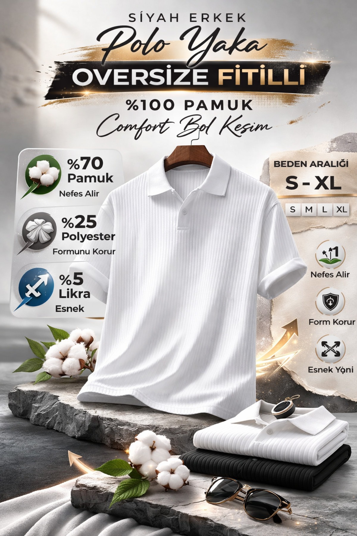 Erkek Beyaz Oversize Fitilli Pamuk Polo Yaka Tişört