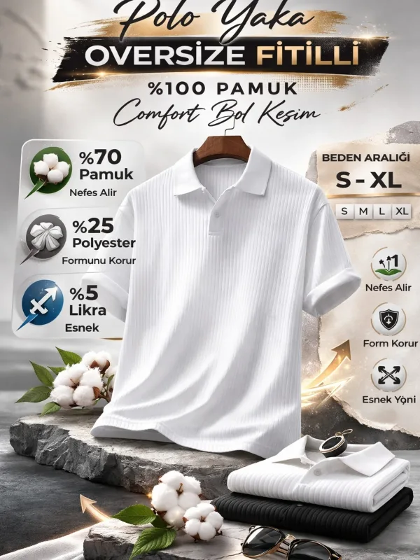T-Shirt Jakë Polo Pambuk Oversize Brinjë Bardhë