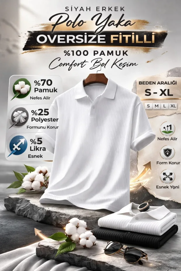 Erkek Beyaz Oversize Fitilli Pamuk Polo Yaka Tişört 1