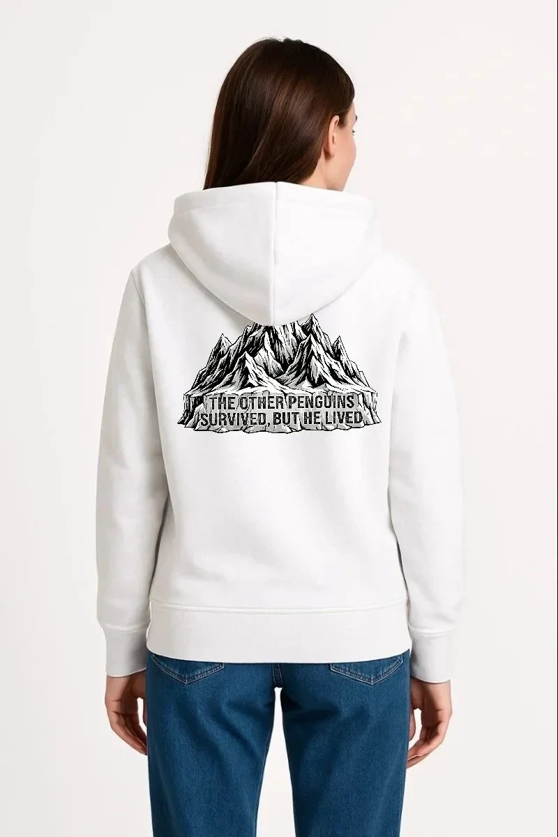Women's White 3-Thread Cotton Hooded Penguin Print Sweatshirt