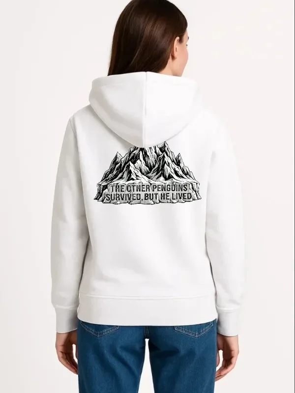 Women's White 3-Thread Cotton Hooded Penguin Print Sweatshirt 1