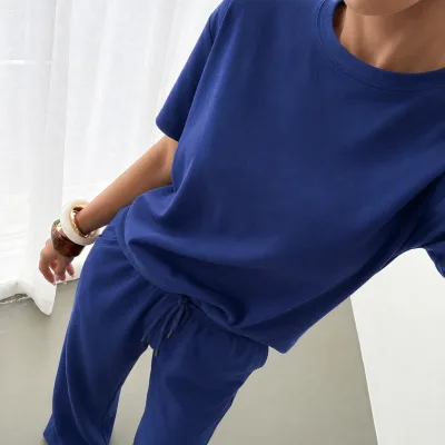 Kadın Lacivert Oversize Soft Modal Kumaş Kısa Kollu Bluz Pantolon Takım 2