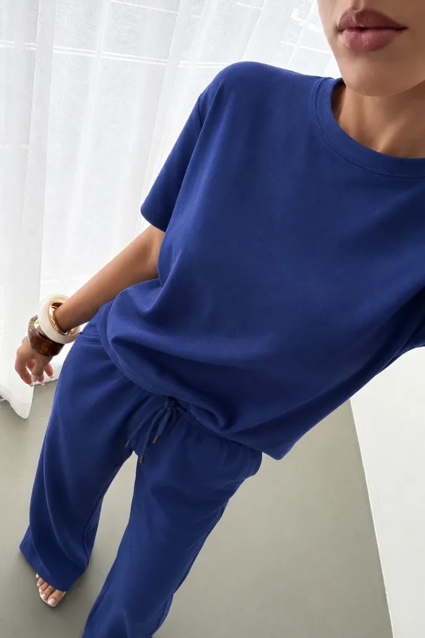 Kadın Lacivert Oversize Soft Modal Kumaş Kısa Kollu Bluz Pantolon Takım 2