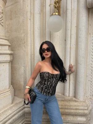 Kadın Bej Transparan Dantel Korse Straplez Fermuarlı Crop