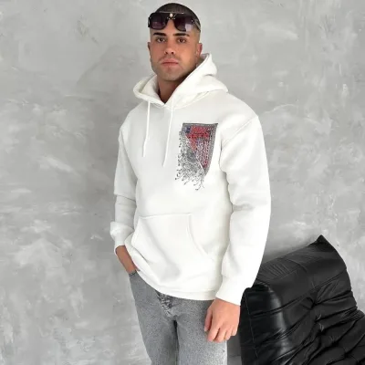 Mêr Spî 3 Têl Pembeyî Çapkirî Kapûşonî Kangurû Cêbî Sweatshirt 8