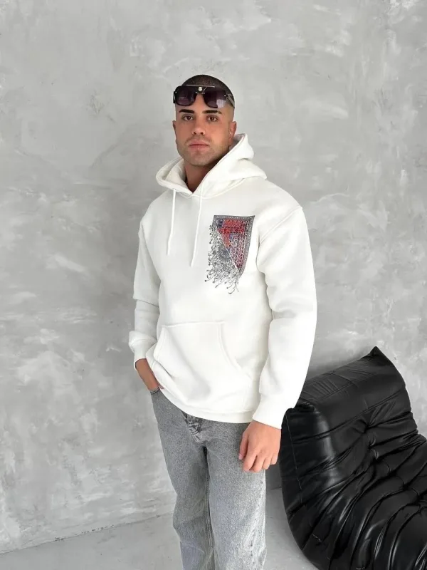 Mêr Spî 3 Têl Pembeyî Çapkirî Kapûşonî Kangurû Cêbî Sweatshirt 8