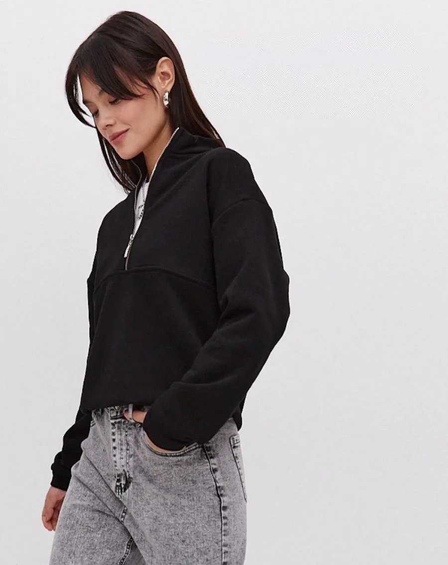 Γυναικείο Μαύρο Oversize 3-κλωνο Βαμβακερό Φούτερ με Μισό Φερμουάρ 2