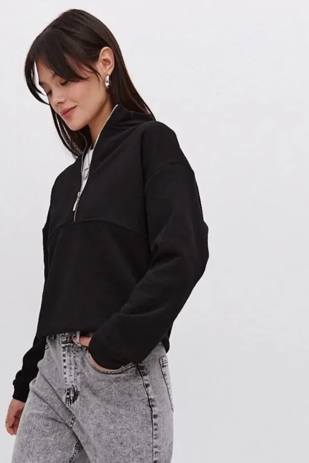 Γυναικείο Μαύρο Oversize 3-κλωνο Βαμβακερό Φούτερ με Μισό Φερμουάρ 2