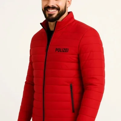 Men's Red Micro Water Repellent Quilted Printed Zippered Bomber Jacket 4
