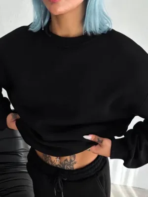 Women's Black 3-Thread Cotton Basic Scoop Neck Sweatshirt