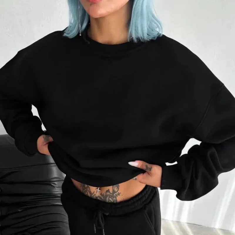 Női Fekete 3 Szálas Pamut Basic Kerékpárnyakú Sweatshirt