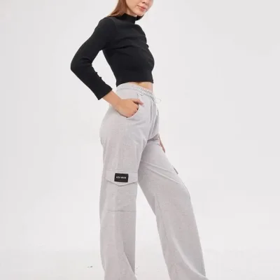 Kobieta Szary Oversize Luźne Nogawki Kargo Kieszenie Palazzo Spodnie 4