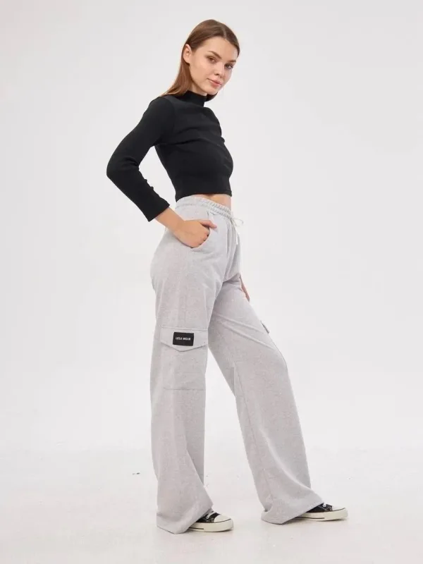 Kobieta Szary Oversize Luźne Nogawki Kargo Kieszenie Palazzo Spodnie 4