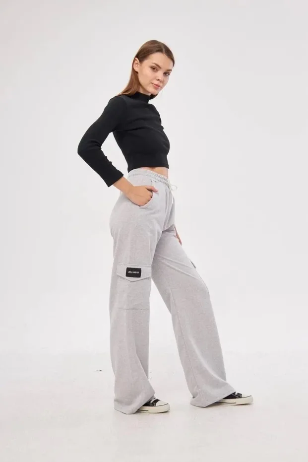 Kobieta Szary Oversize Luźne Nogawki Kargo Kieszenie Palazzo Spodnie 4