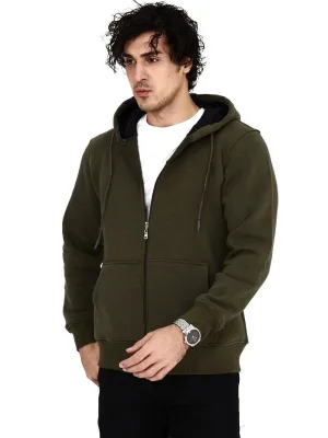 Men's Khaki 3-Thread Cotton Full Zip Hooded Pocket Hoodie