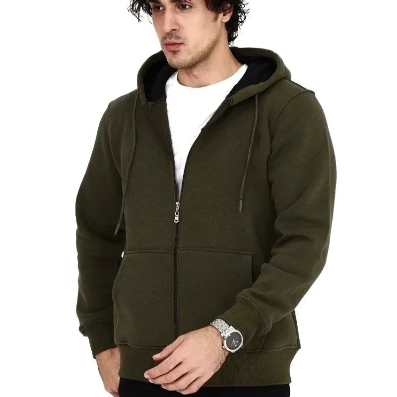 Men's Khaki 3-Thread Cotton Full Zip Hooded Pocket Hoodie