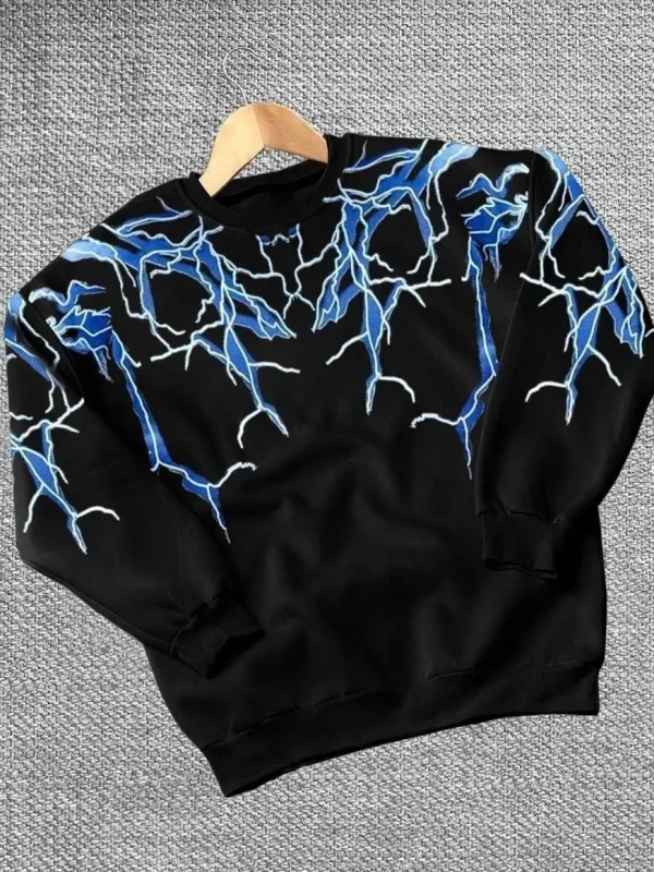 Men's Black 3-Thread Cotton Lightning Printed Crew Neck Sweatshirt 2