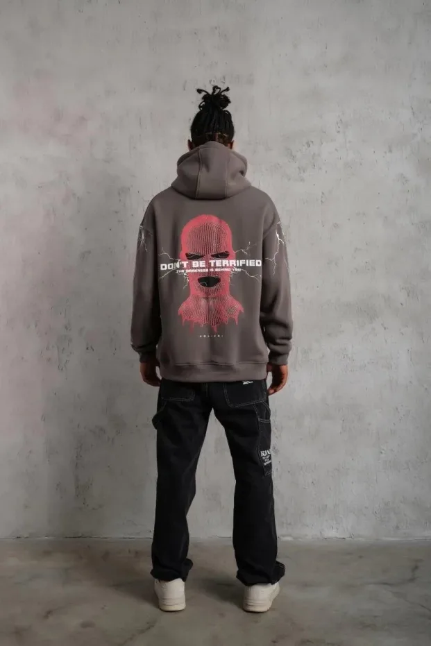 Bărbați Gri Oversize 3 Fire Bumbac Glugă Imprimat Sweatshirt 5