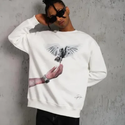 Men's White 3-Thread Cotton Dove Printed Crew Neck Sweatshirt 4