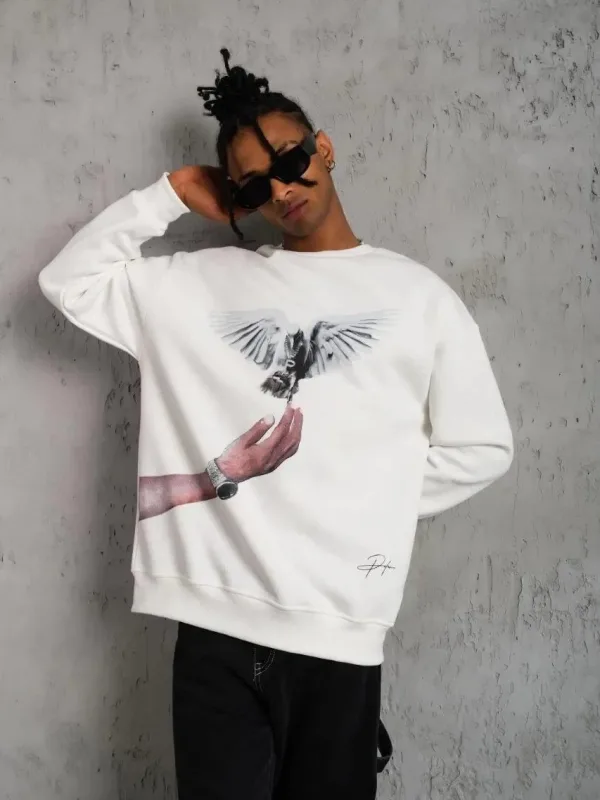 Men's White 3-Thread Cotton Dove Printed Crew Neck Sweatshirt 4