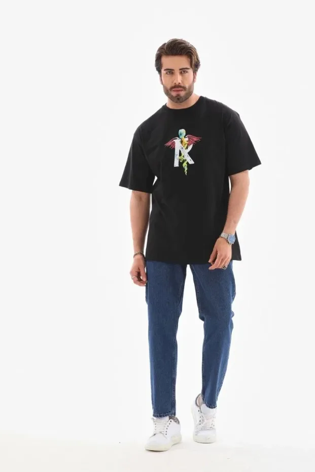 Men's Black Regular Bicycle Neck Printed T-Shirt 3