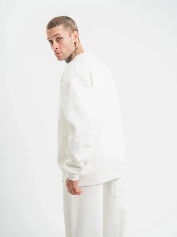 Men's White 3-Thread Cotton Washed Crew Neck Sweatshirt 3
