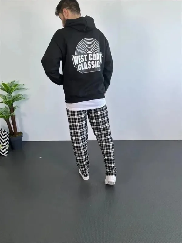 Μαύρο Ανδρικό Oversize 3-Νήμα Βαμβακερό Κουκούλα Εκτύπωση Φούτερ 2