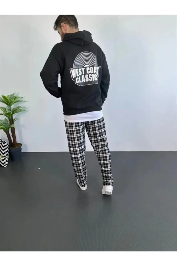 Μαύρο Ανδρικό Oversize 3-Νήμα Βαμβακερό Κουκούλα Εκτύπωση Φούτερ 2