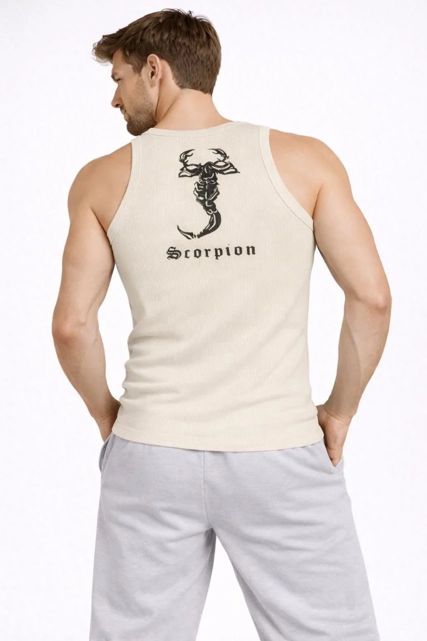 Erkek Krem Slim Fit Fitilli Sıfır Yaka Arka Baskılı Spor Atlet