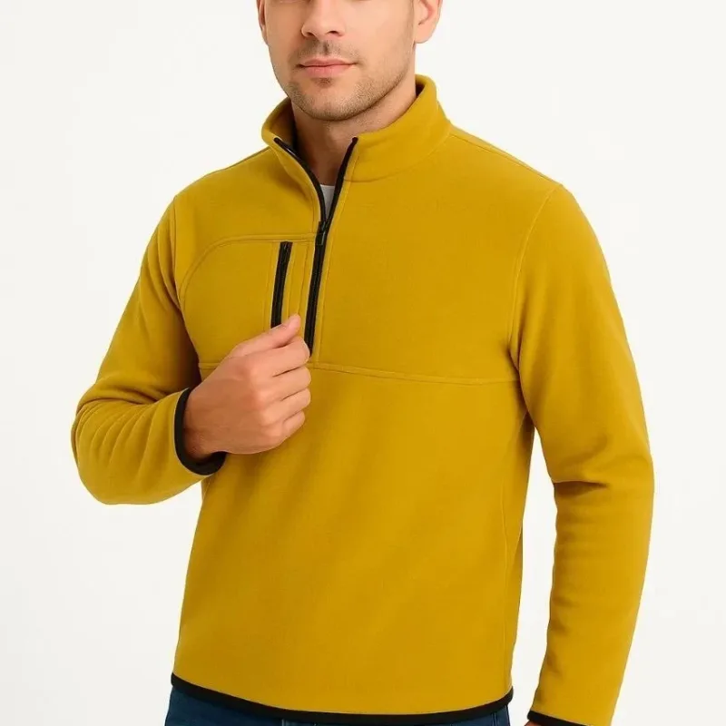 Pánský žlutý stojáček poloviční zip s kapsami fleece svetr